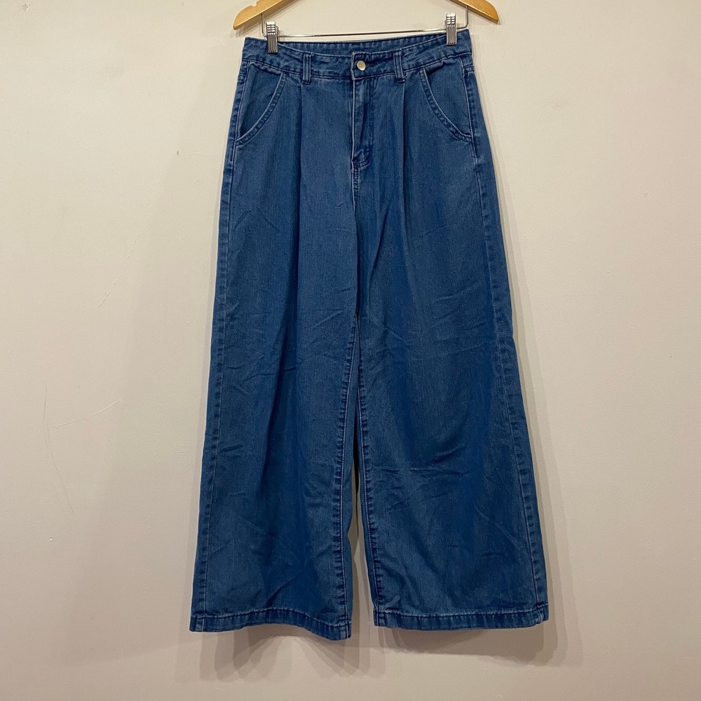 Dazy Womens High Waisted Wide Leg Pleated Jeans Medium Wash Boho Blue Size Large
